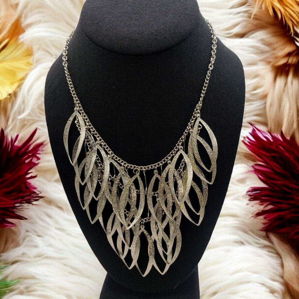 Triple Layered Brushed Silver Tone Feather Bib Necklace - Picture 1 of 13